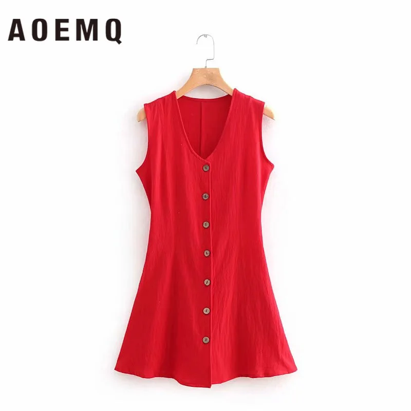 

AOEMQ Joker Cotton and Linen Slim Red V-neck Sleeveless Single-row Button Waist A-line Bottoming Vest Short Dress Party Dress