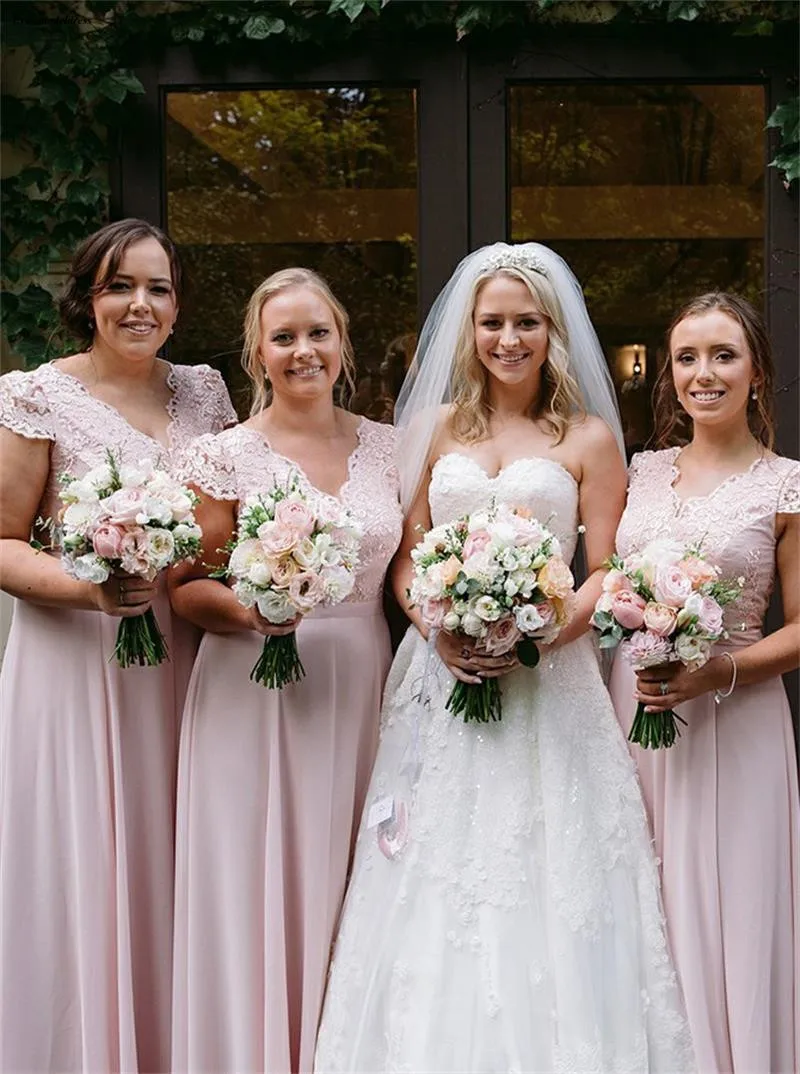 2019 Boho Lace Chiffon Bruidsmeisje Jurken Kapmouwtjes V-hals Applicaties Land Maxi Lange Maid Of Honor Jassen Goedkope vestido 2019 Boho Lace Chiffon Bruidsmeisje Jurken Kapmouwtjes V-hals Applicaties Land Maxi Lange Maid Of Honor Jassen Goedkope vestido