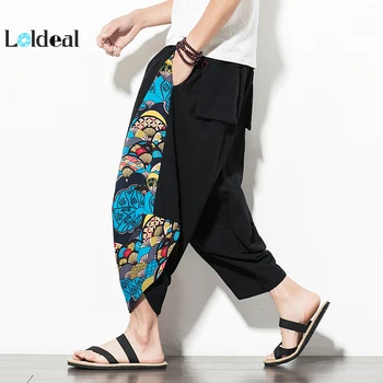 

LOLDEAL Chinese Style Wide Leg Beach Pants Bloomers National Trend Loose Casual Men's Nine Pants