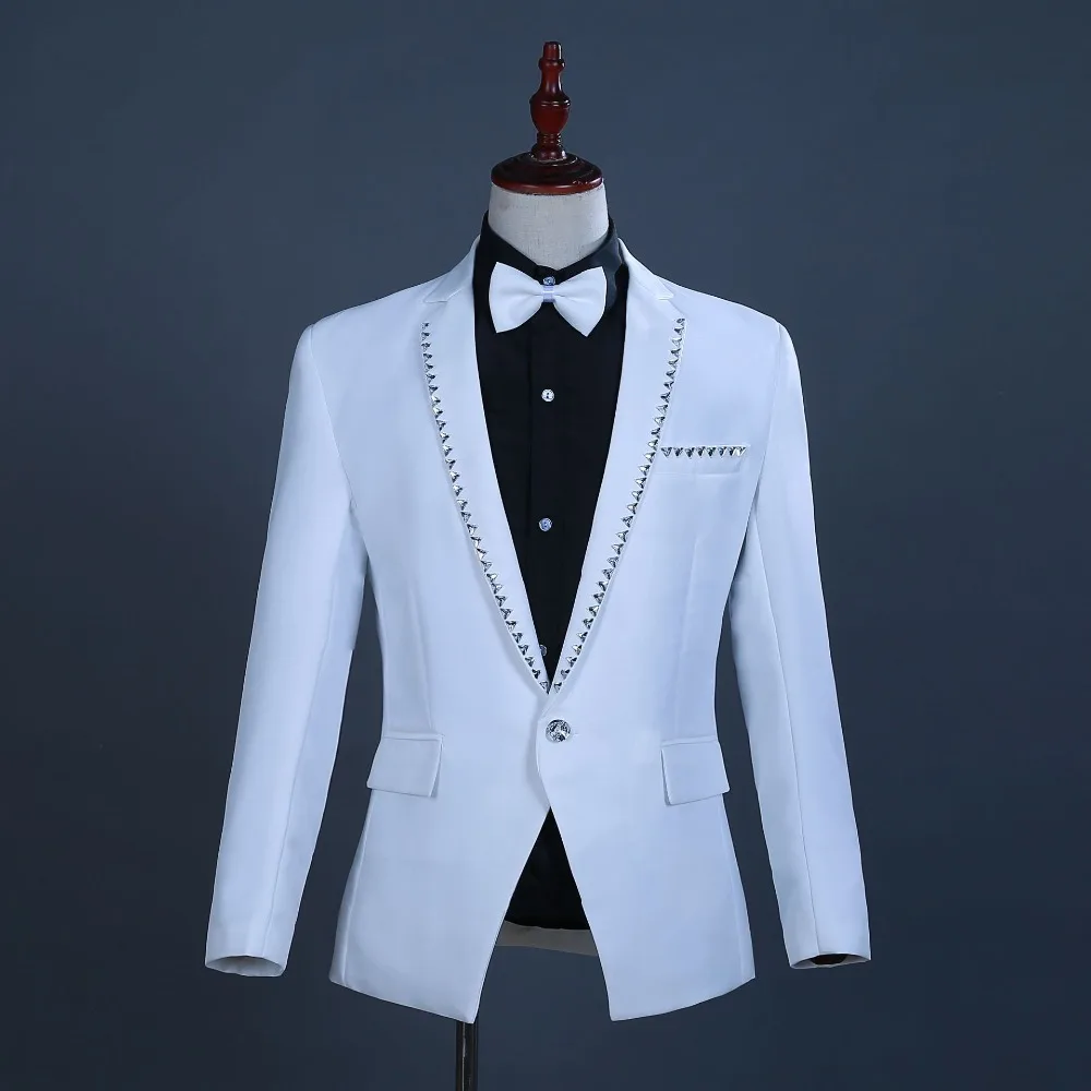 Роскошные Diamond Design Белый костюм из 2 предметов Для мужчин вечерние свадебные костюмы-смокинги с брюками сценический для певца мужской