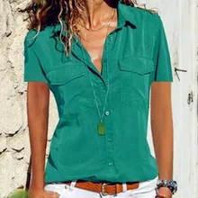 2019 Short Sleeve Chiffon Tops Women Blouses Ruffles Vintage Summer Button Elegant Plus Sizes Lady Pocket Casual Shirts Blousa