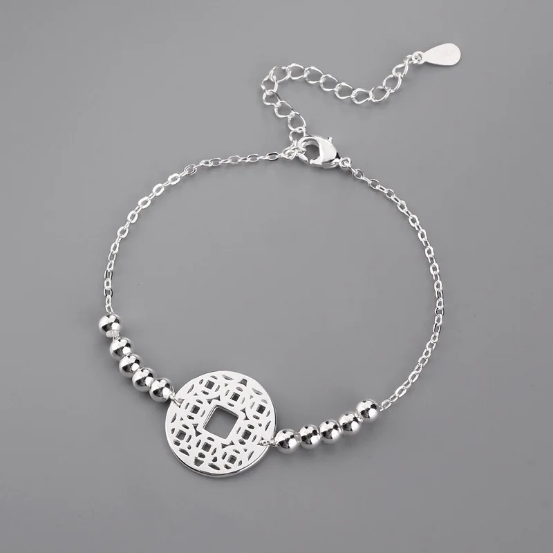 

100% 925 Sterling Silver Bead Coin Charm Bracelet For Women Bracelets & Bangles sterling-silver-jewelry Gift Pulseira Feminina