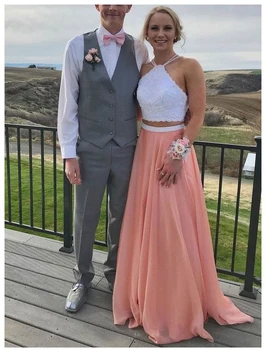 

2020 New Discount Two Piece Long Prom Dresses Halter Design Top Chiffon Skirt Gown for Party Wear Bridesmaid Dress For Wedding