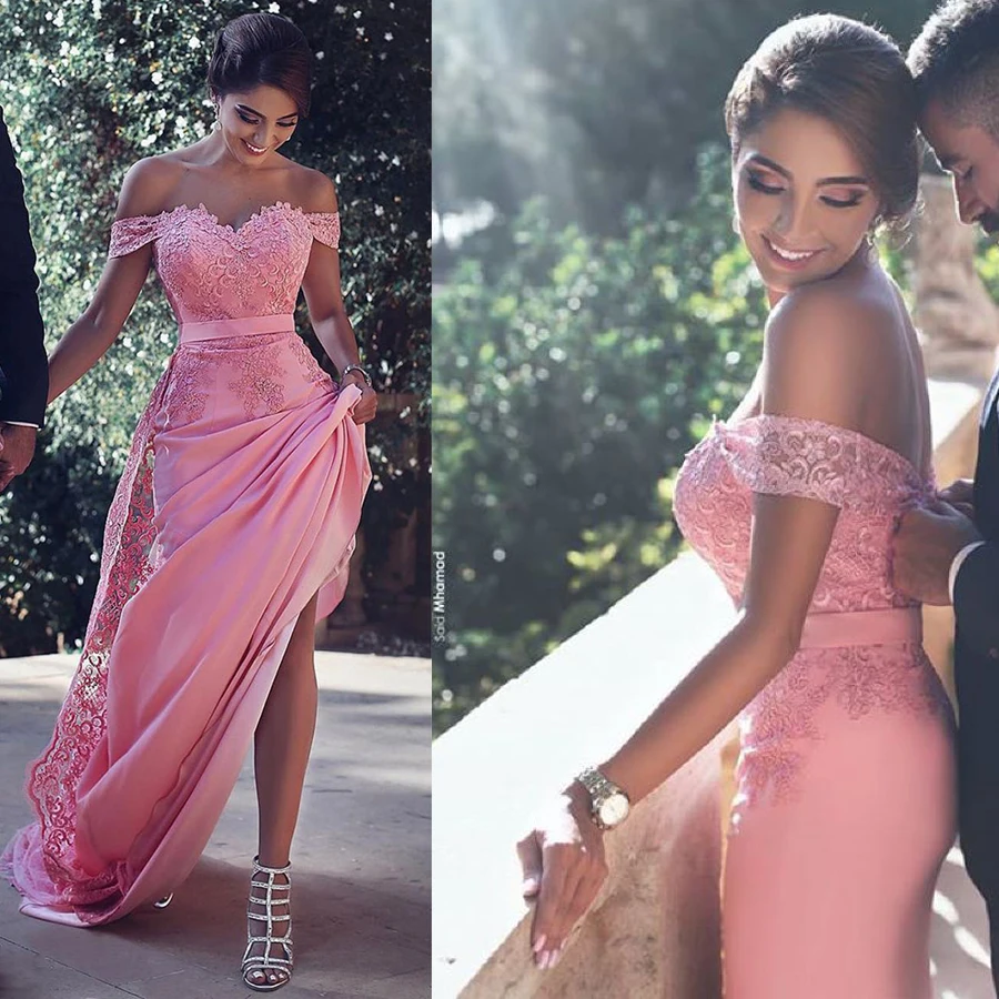 Lace Appliques Cap Sleeve Prom Dresses with Removable Skirt Pink Formal