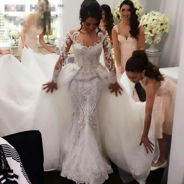 Vintage Blanco Sirena Vestido De Novia De Falda Desmontable Manga Larga Moldeado Pesado Vestidos De Novia Sirena Vestidos De Boda De China En De