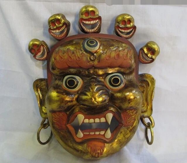 

005342 12"Tibet Buddhist Classical Bronze Copper 24K Gold Painted Mahakala Buddha mask