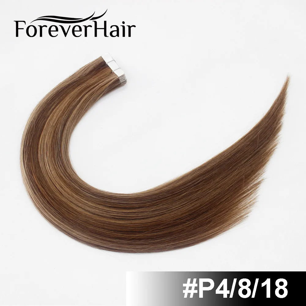 FOREVER HAIR 18 дюймов лента в Remy человеческих волос Расширение полная кутикулы кожи уток Двухсторонняя клейкая лента блонд цвет темных корней - Цвет: P4/8/18