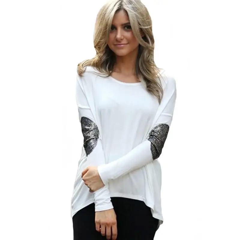 Womens Sequin Top Blouse Long Sleeve Round Neck Loose Tunic Shirt