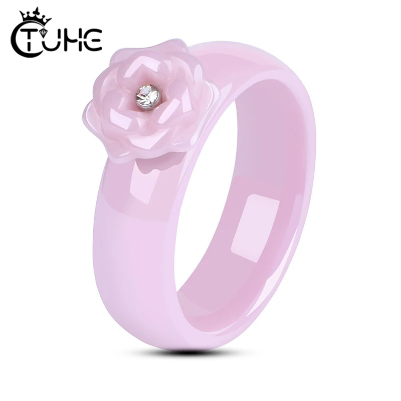 

Cute Rings Jewelry With Pink Flower One Bling Crystal Full Pink Ceramic Rings Never Fade Healthy Material Wedding Rings Gift
