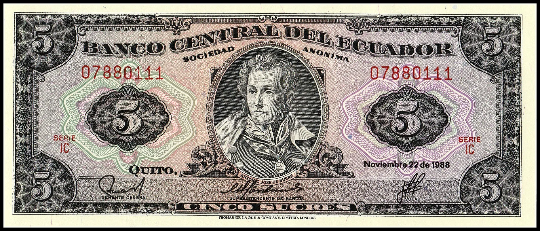 

Ecuador 5 Sucres IC 1988 P-120A Original Banknote UNC Collection Genuine Real Paper Notes Bill Money bank note gift