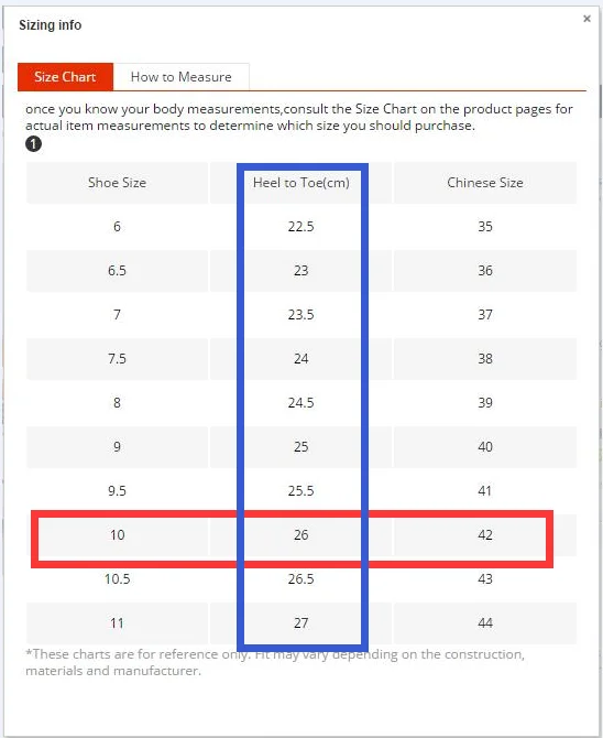 Chinese Size Chart Shoes