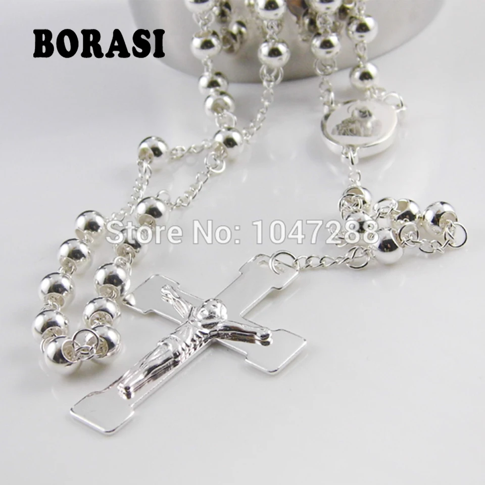 

Fashion Jewelry 6mm Silver Rosary Cross Pendant Necklace For Women And Men