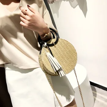 

2018 Handmade Straw Beach Bag Women Handbag Bohemian Round Woven Rattan Shoulder Bag For Lady Girl Circle Hand Bag Set Summer