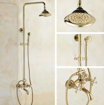 

Luxury Polished Gold Color Brass Dual Cross Handles Bathroom Round Rain Shower Faucet Set Bath Tub Mixer Tap Wall Mounted mgf447