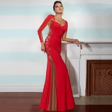 Appliques Mermaid Lange Abendkleider V-ausschnitt Durchsichtig Zurück Langarm Schwarze Formale Abendkleider Bodenlangen Robe De Soire