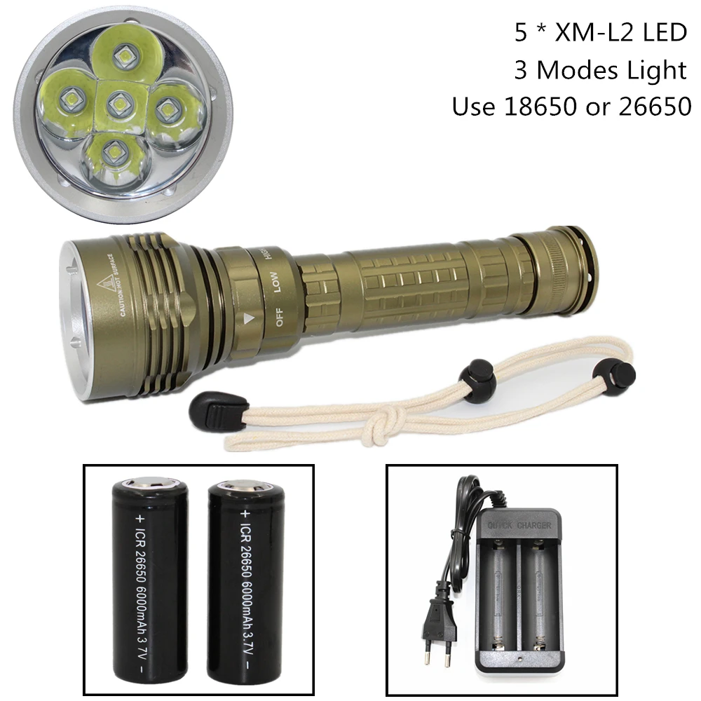 

Waterproof Diving flashlight 5 x XM-L2 LED Scuba torch white light lamp + 18650 / 26650 battery + USB AC Charger