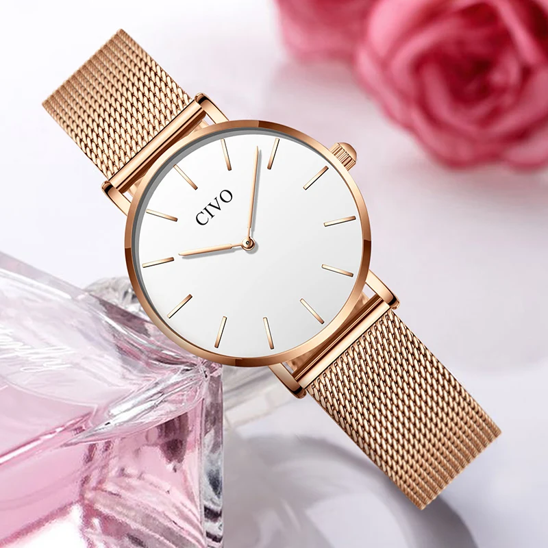 Ceny CIVO moda luksusowe kobiety zegarki zegarek dla pań Ultra cienka wodoodporna stali nierdzewnej siateczkowy pasek zegarek kwarcowy kobiety zegar Relogio Feminino