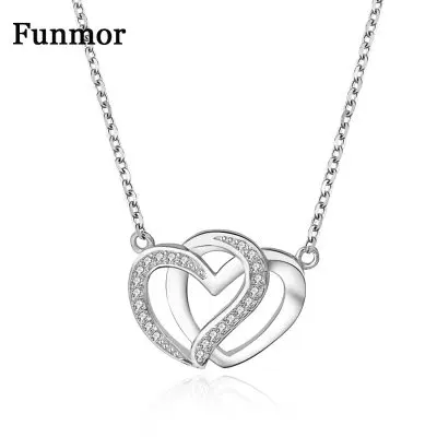 

Funmor Valentine's Day Gift Double Heart 925 Sterling Silver Necklace For Women Bride Wedding Appointment Engagement Accessories
