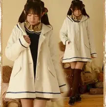 Japanese mori girl pure color navy style wool jacket white single-breasted cute long winter women coat size medium free shipping