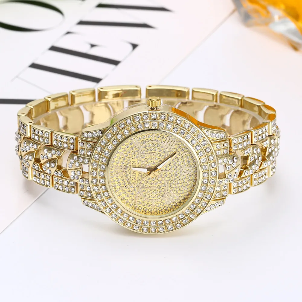 

Women Round Full Diamond Bracelet Watch Analog Quartz Movement Wrist Watch Luxury Golden Leather Ladies Watch Women Dress AD