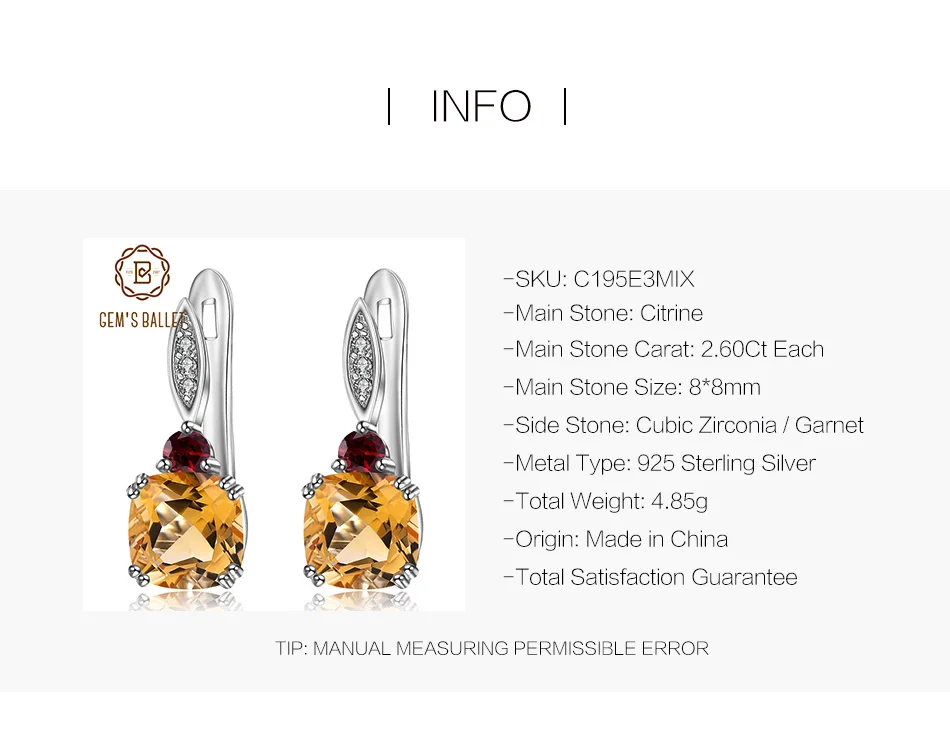 GEM'S BALLET 5.21Ct подушка натуральный цитриновый гранатовый 925 пробы серебряный камень серьги гвоздики для женщин Свадебные ювелирные изделия