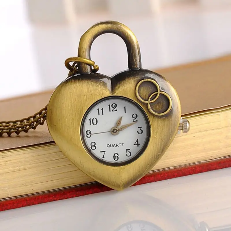 

Pocket Watch Vintage Quartz Carved Heart Shape Bronze Exquisite Jewelry Charm Pendant Necklace Chain Watches Retro Women Gifts
