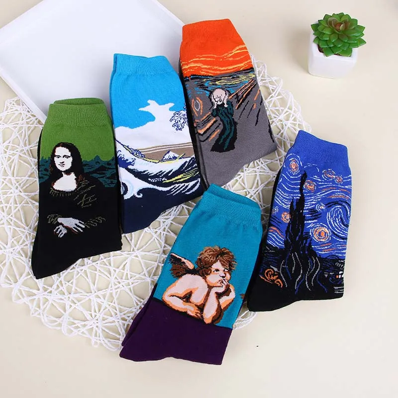 

1 pair autumn winter New Retro Art Oil Painting women socks men socks fashion happy lovers cotton long socks sokken calcetines