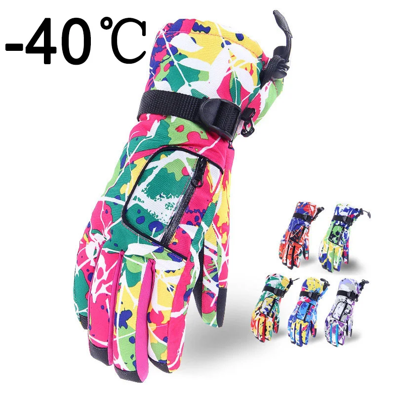 

Waterproof Cold Weather Ski Snowboard Gloves for Women Fashion Camo Snow Proof with Wrist Leash Men Winter Cycling Non-Slip