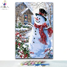 DIY раскрашивания фотографии по номерам с цвета Рождество Снеговик Рождество Картина Рисунок Живопись по номерам оформлена