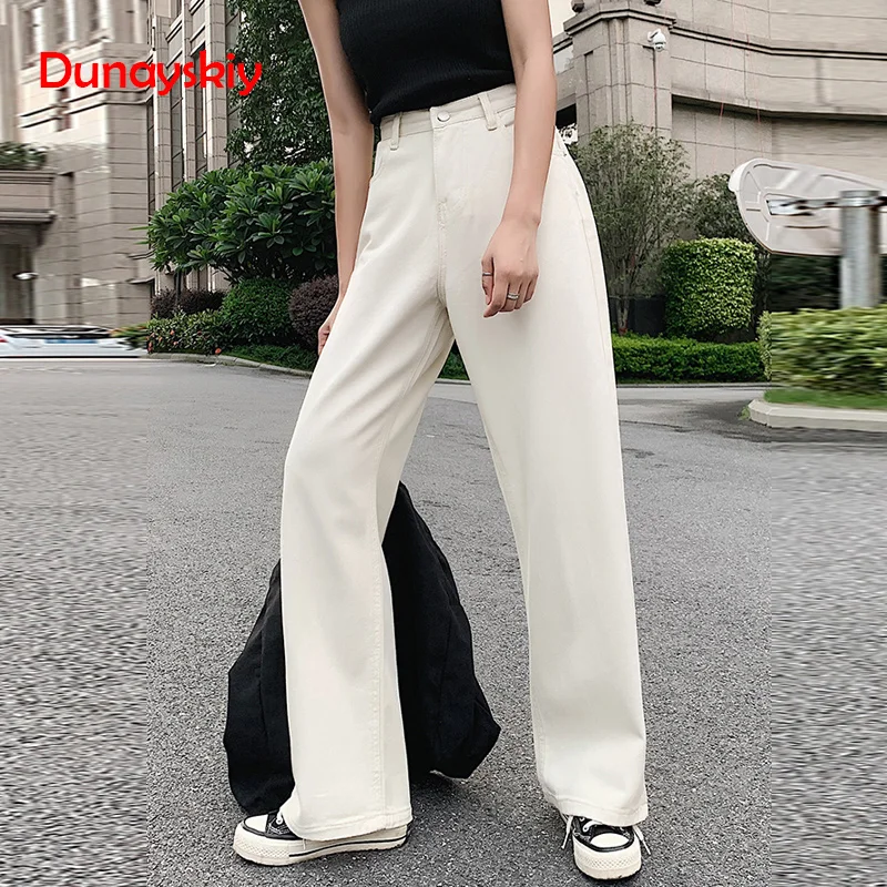 Women Denim Jeans Wide-leg Pants Straight Loose Zipper Casual High Waist Long Jeans White Blue Autumn Female Jeans S-XL