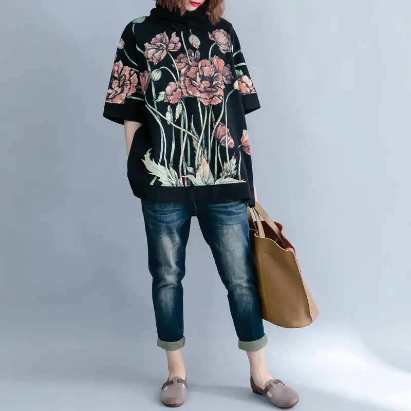  BIG SIZE 4XL Spring Autumn Women Vintage Elegant Flower Print Tops Ladies Female Plus Large Turtlen