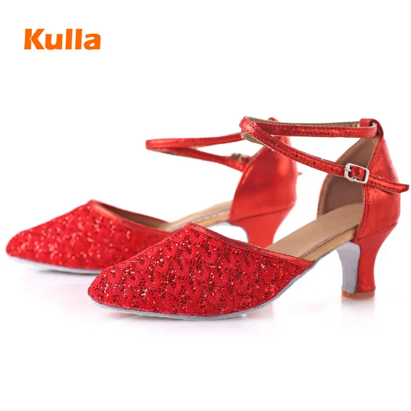

Women's Latin Salsa Performance Dance Shoes Soft Bottom Red Lace+glitter Ladies Ballroom Tango Dancing Shoes Girls Wedding Shoes