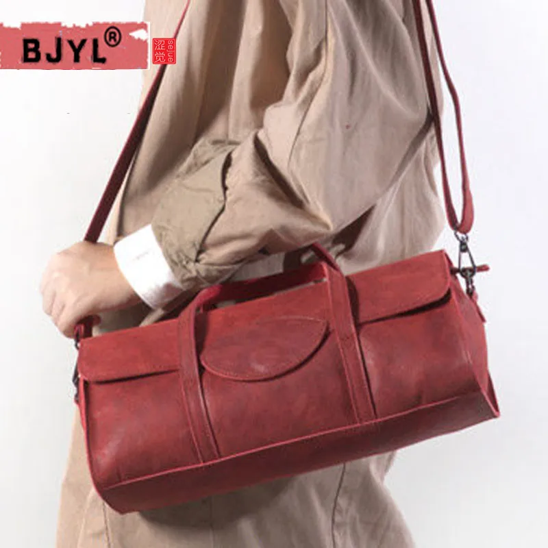 

BJYL Original Genuine Leather Women's handbags Retro round pillows Female shoulder bag first layer of leather Messenger Bag