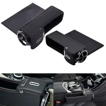 

2x black PU Leather Seat Catcher Gap Filler Storage Box Coin Collector Pocket W/Cup Holder Organizer For VW Toyota Ford KIA LADA