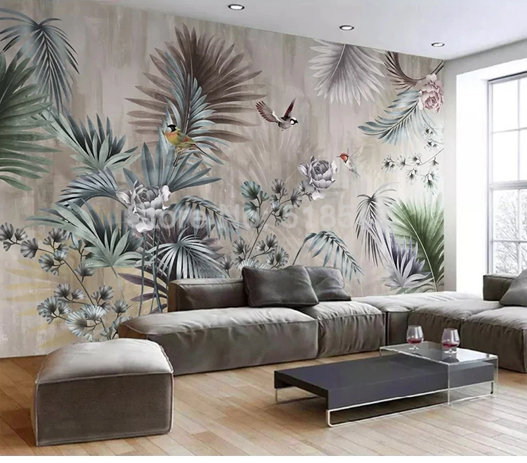 Изготовление размеров под заказ Классическая художественная роспись растения листья ретро гостиная диван ТВ фон настенная живопись обои
