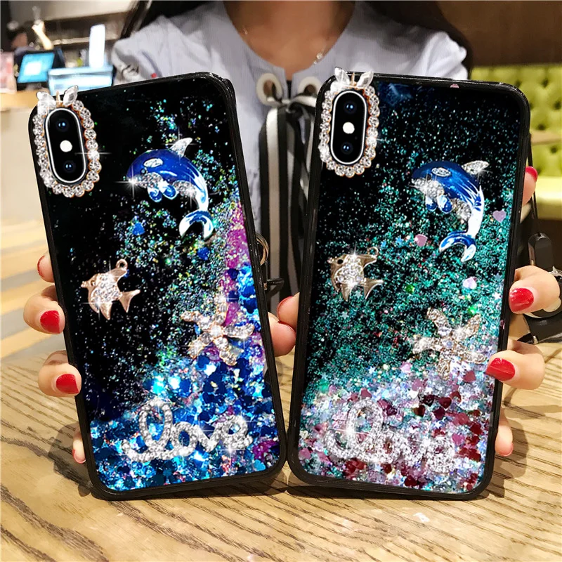 

Luxury Quicksand Dolphin Star Rhinestone Jewelled Soft Case Phone Cover For iphone 7 6 S plus 8 X XS XR MAX Gift Girl Women