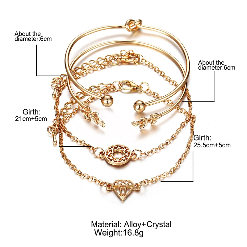 Metal Bracelet Boho Gold Cuff bracelets Set For Women Leaves Knot Charm Delicate Chains Party Wedding Jewelry Accessories