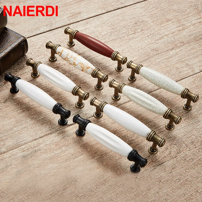 NAIERDI Antique Bronze Ceramic White Cabinet Handles Zinc Alloy Drawer knobs Wardrobe Door Handle European Furniture Hardware