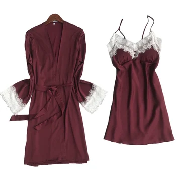 

Women Nightgown Summer And Spring Ladies Silk Stain 2Piece Set Dress+Coat Long Sleeve Sexy Lace Poplin Sleeping Skirt Nightwear