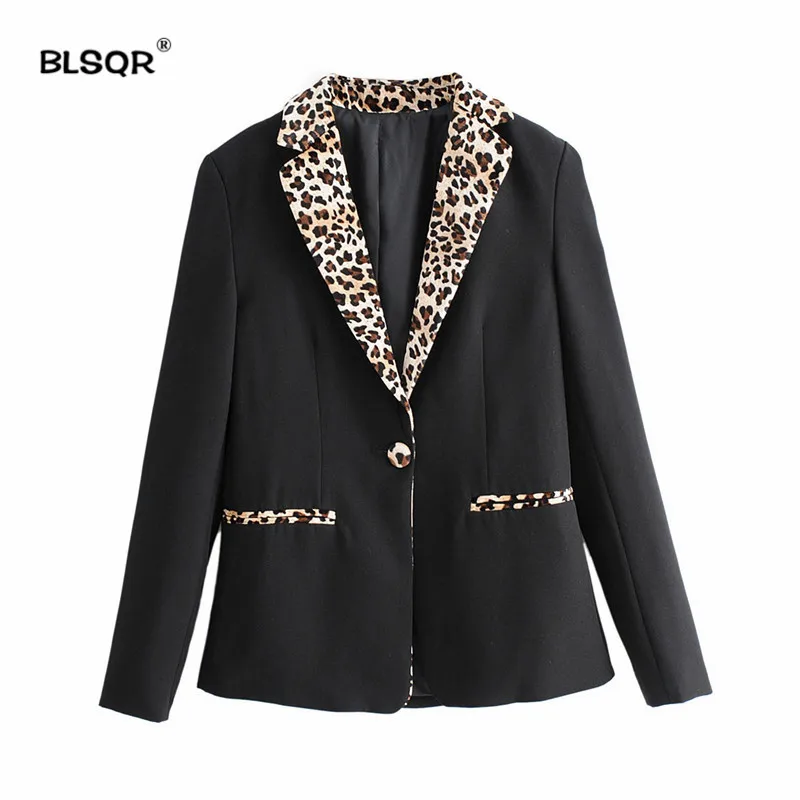Women Elegant Leopard Patchwork Blazers Pockets Notched