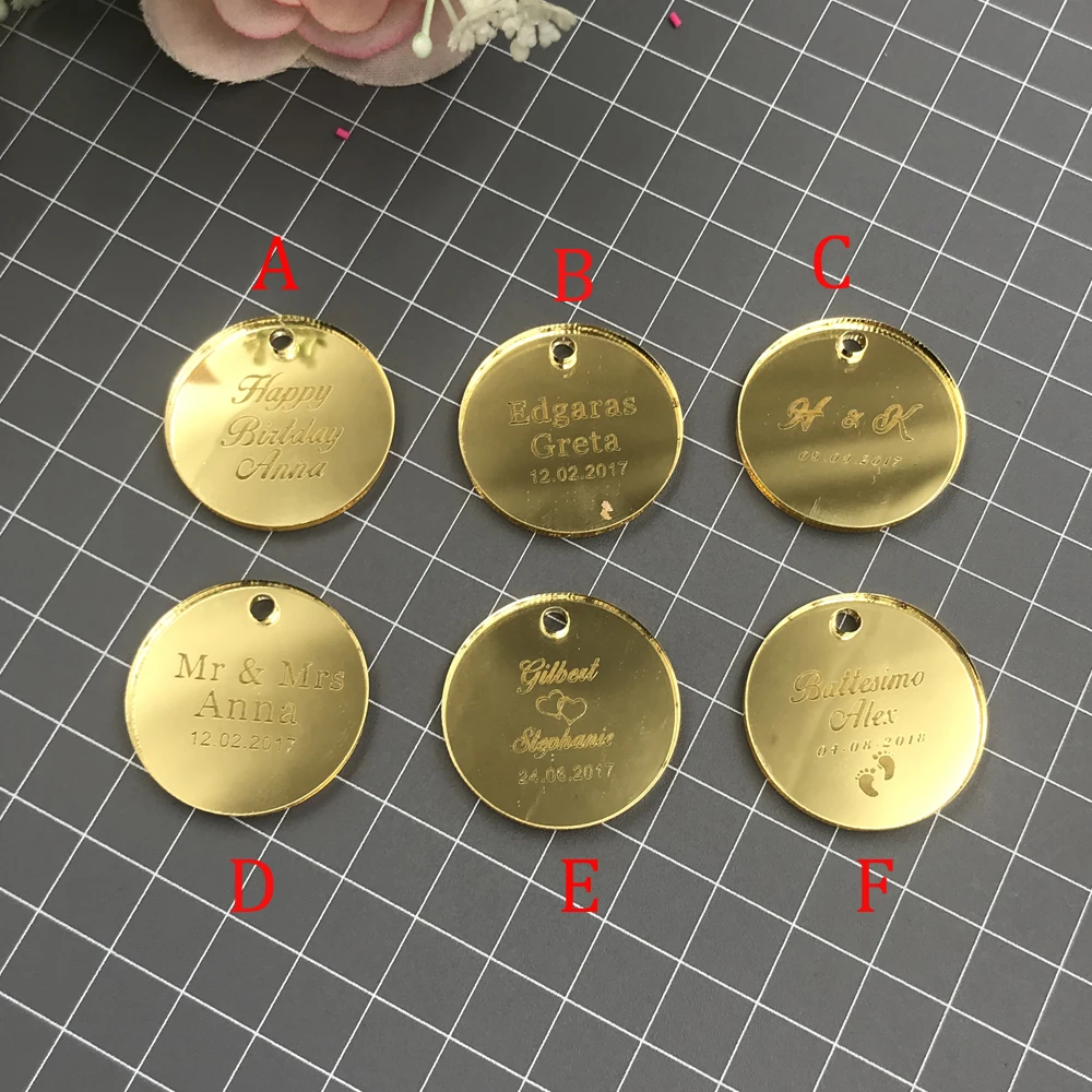 50 pcs Personalized Engraved Mirror  Clear Acrylic MR MRS Circle Wedding Table Centerpieces Decoration Favors Candy Box Tags (4)