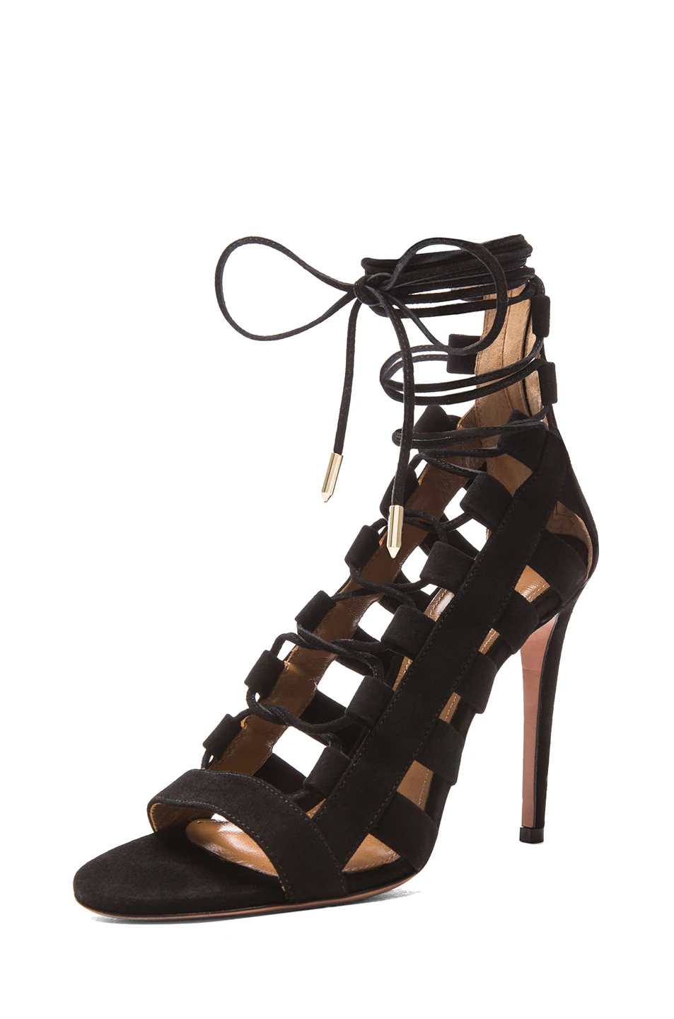 

Fashion geometric cut out high thin heel fretwork back strap lace up peep toe sandals for woman in summer big size 35-41