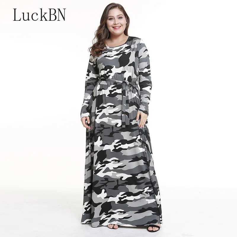 

Brand New Large Size Dress Women Fashion Plus Size Maxi Long Dress Autumn Winter Dresses Female Camouflage Print Dress Vestidos