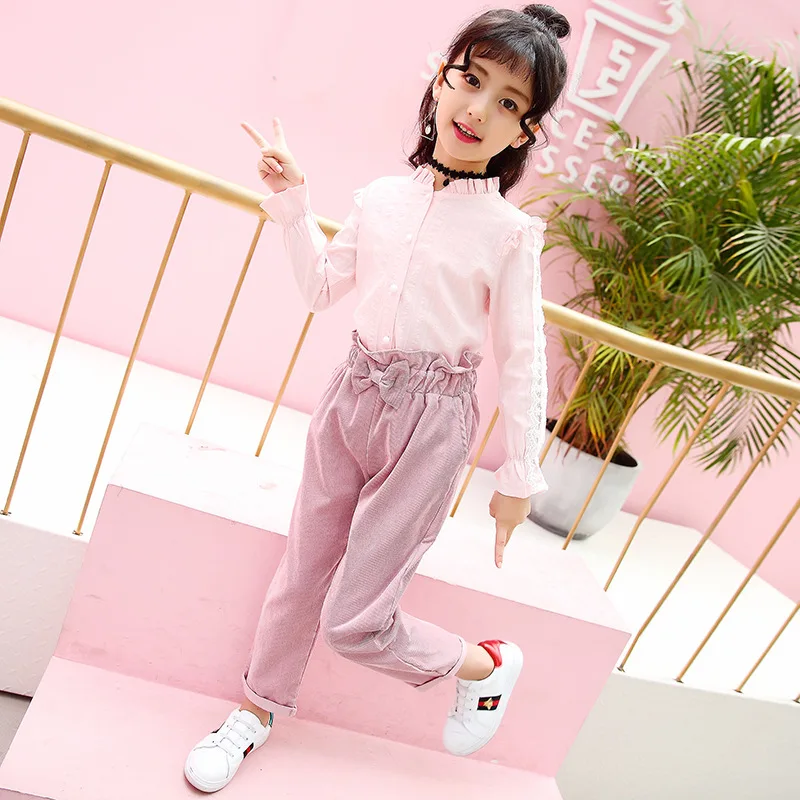 

2018 Autumn Clothing New Pattern Girls Suit Baby Lace Sleeve Shirt Salopettes Twinset