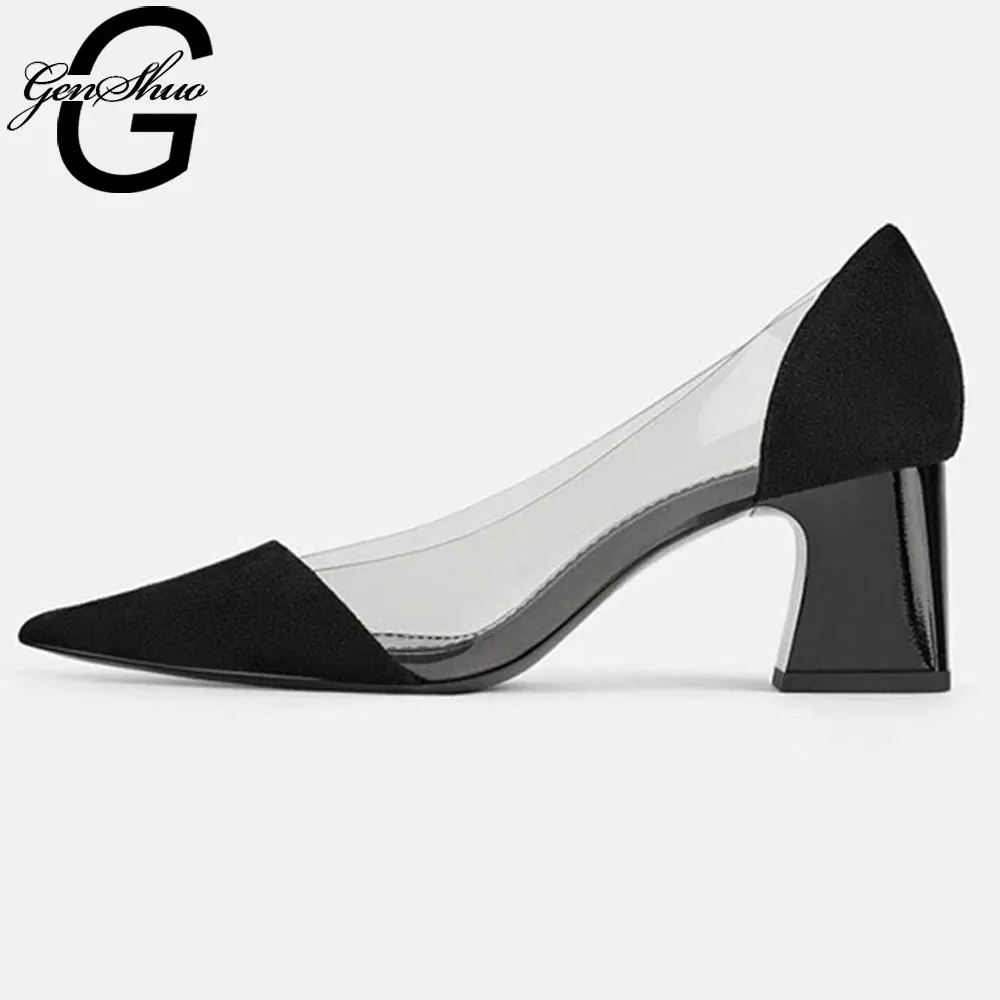 

GENSHUO 2019 Fashion High Heels perspex heelsBlack Shallow Pumps Pointed Toe Single Shoes For Office Ladies Sexy Women's Shoes