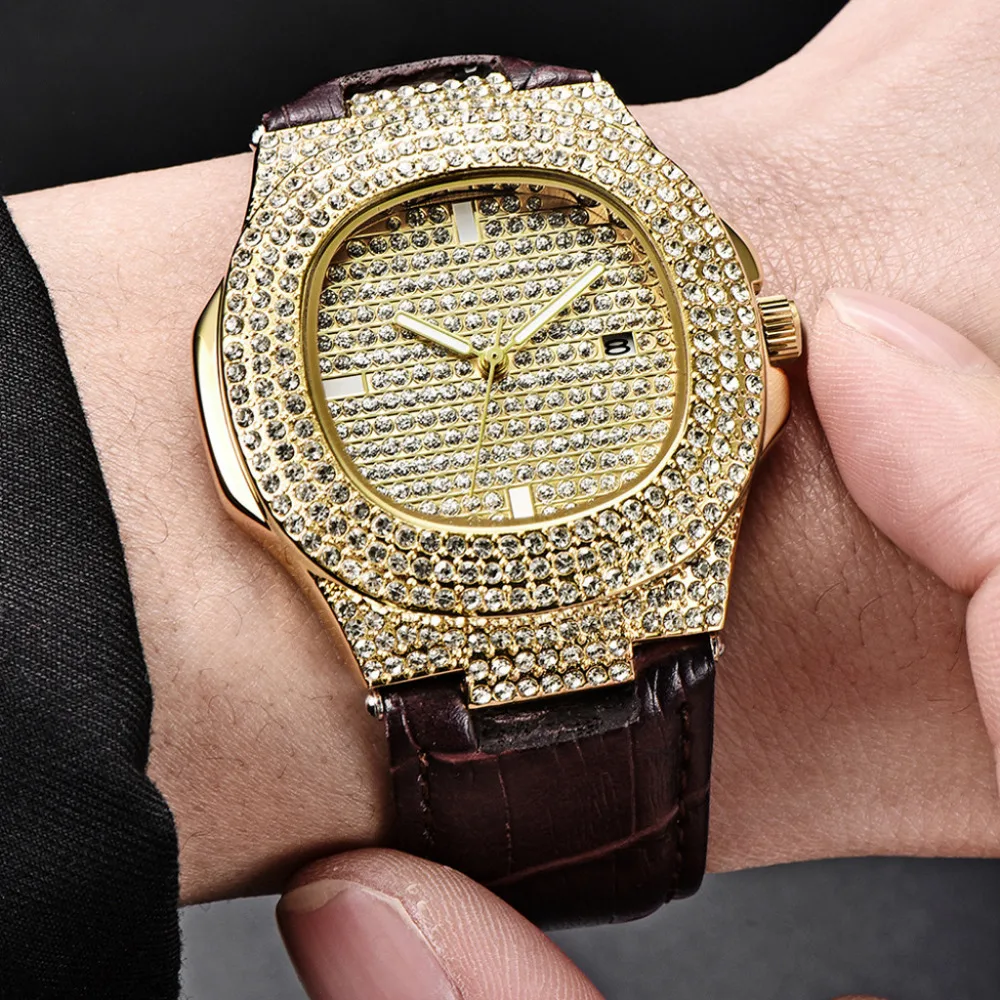 Mens Watches Luxury Bling Fully Rhinestone Wristwatch Quartz Gold