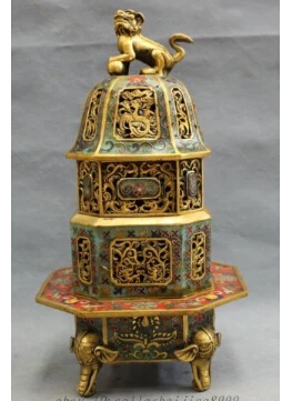 

JP S1018 12" Tibet Cloisonne Bronze Gilt Lion Elephant Head Statue Incense Burner Censer