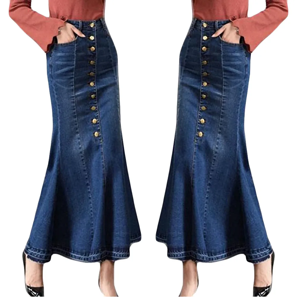 Корейские модные джинсовые юбки женские модные длинные высокая посадка на пуговице карман спереди рыбий хвост джинсовые винтажные макси юбки Saias Feminina