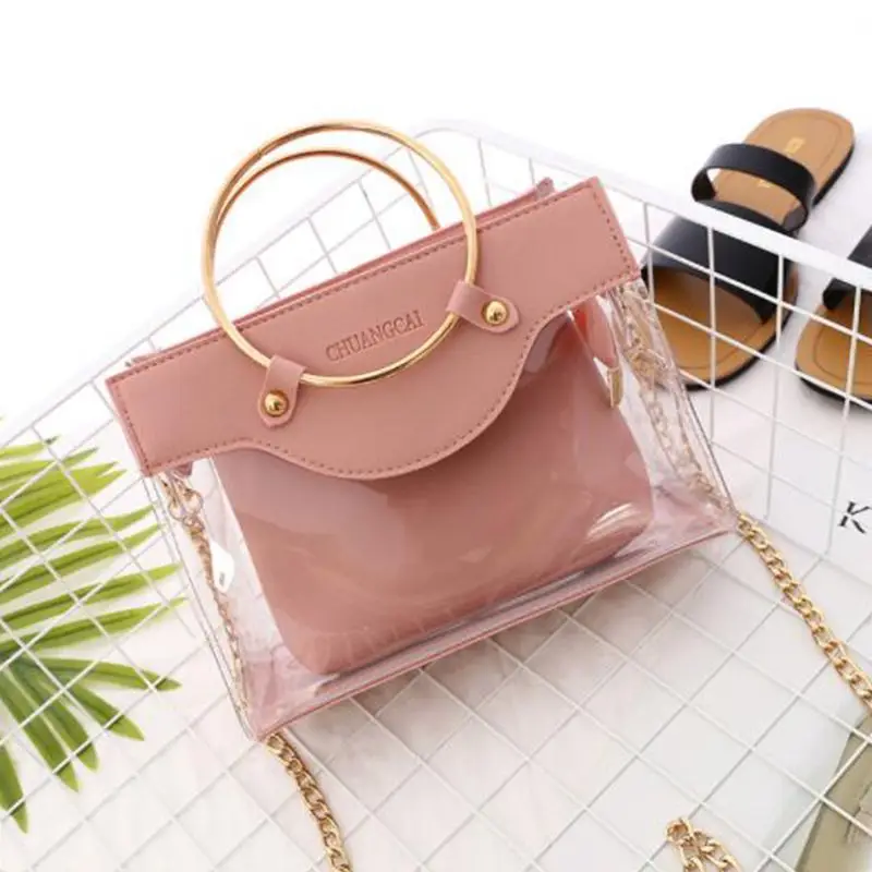 2020 Summer New Handbag High quality PVC Transparent Women bag Metallic Ring Tote Beach Travel Chain Shoulder Messenger Bag | Багаж и