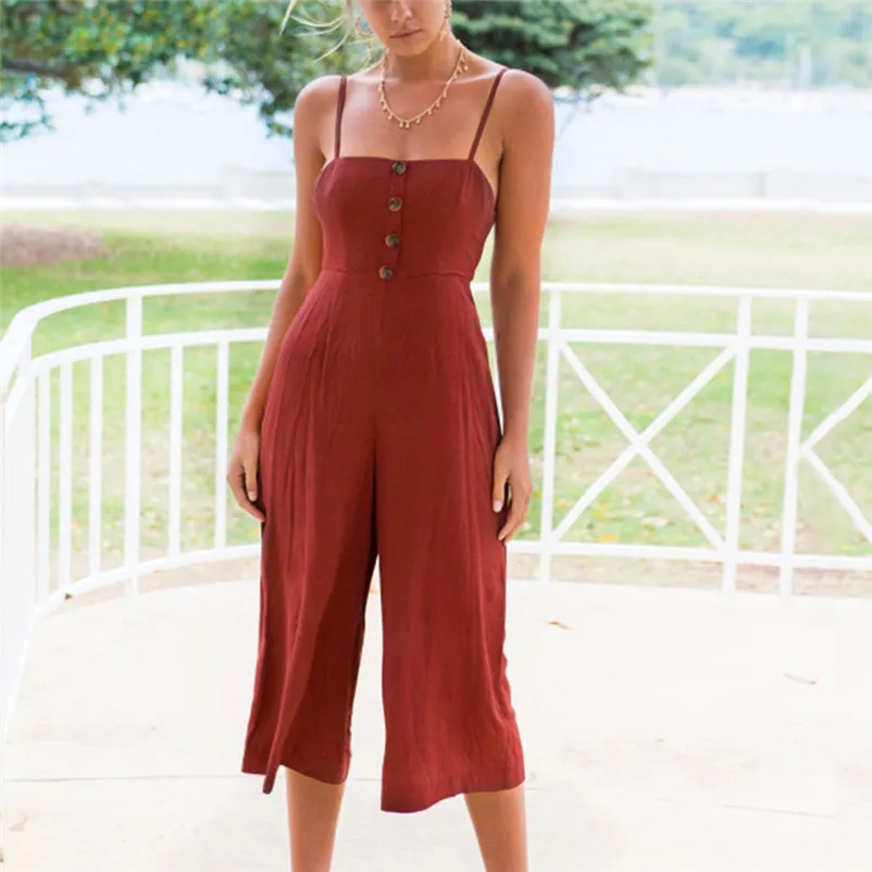 Fashion summer jumpsuit woman 2018 Strappy Soild Button Long Trouser Playsuits Jumpsuit Rompers pantaloni siamesi Y12#N (2)